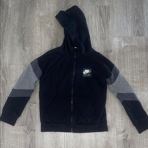 Nike Kids Zipper Hoodie in Black and Gray- NIKE logo on front and back.